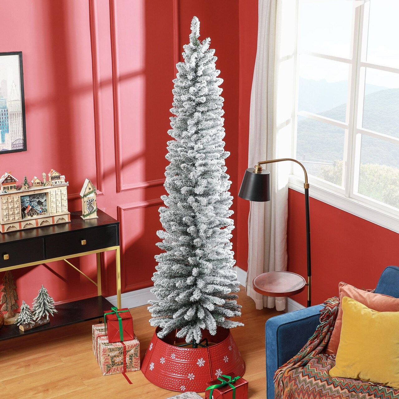 Edge Collections - 7' - White - Flocked Pencil Christmas Tree for Small Spaces - 1 Piece